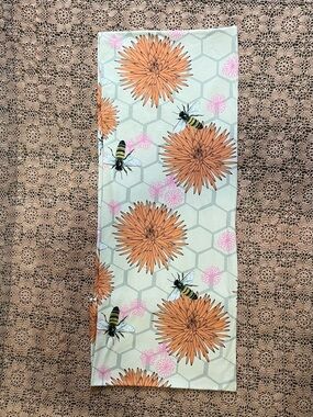 Floral & Bee Print Scarf - Orange, Yellow, Pink on Cream with Grey Hexagons